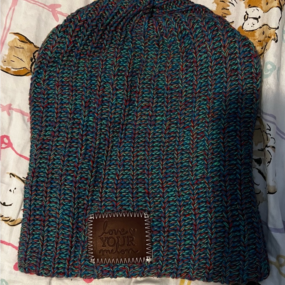 Love your melon Beanie - teal multi color with brown patch